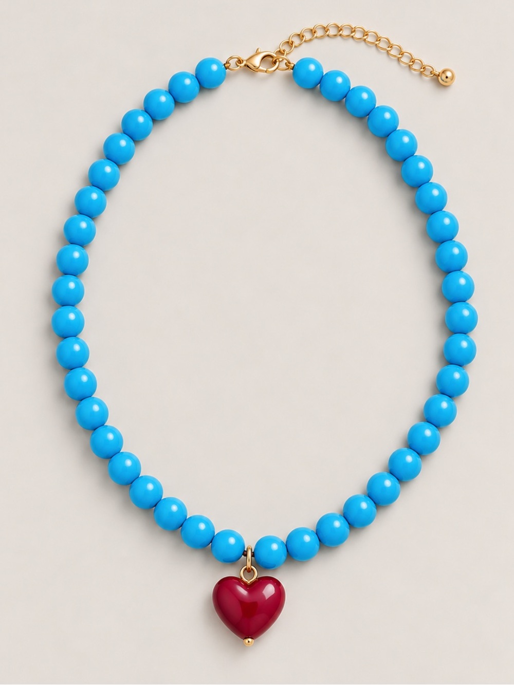 New! Blue Beaded Red Heart Pendant Necklace NWOT